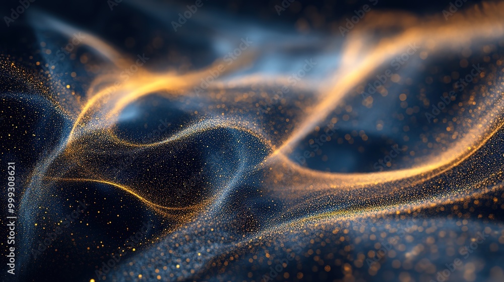 Poster Blue and gold particle vortex with dynamic swirl and wind blowing effect in motion for artistic background