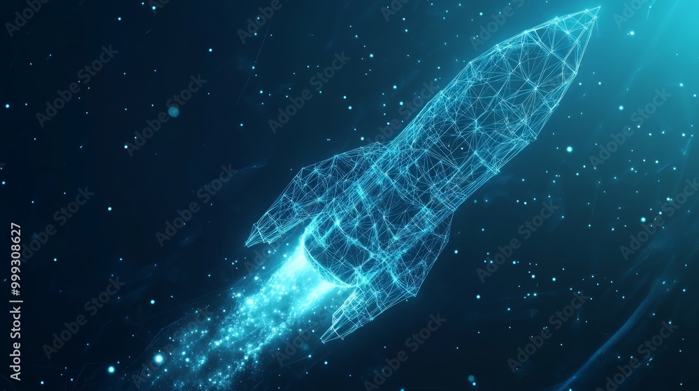 Aufkleber digital rocket flies in orbit of planet earth. abstract light blue technological background. spacesh