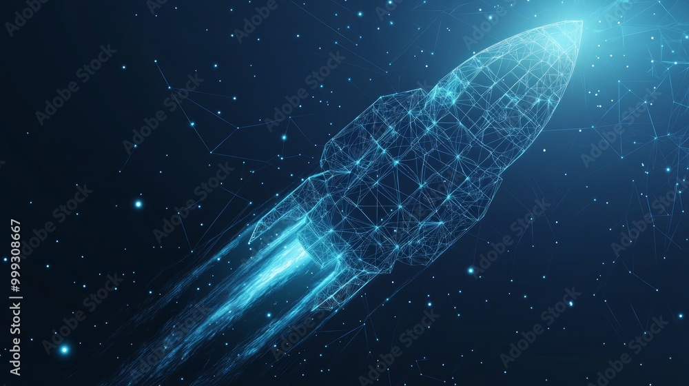 Aufkleber digital rocket flies in orbit of planet earth. abstract light blue technological background. spacesh