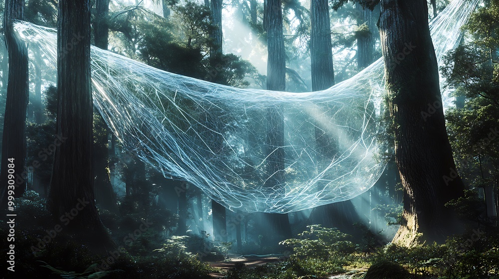 Poster a large spider web stretches between tall trees in a misty forest.