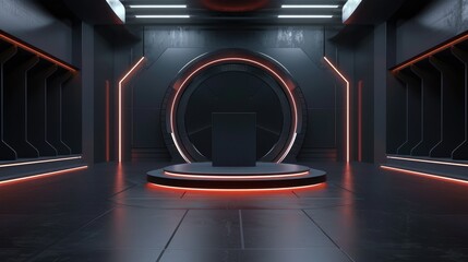 Futuristic Interior with a Platform and a Circular Doorway