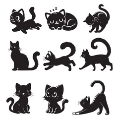 Naklejka premium Character set of black cat silhouettes cartoon vector