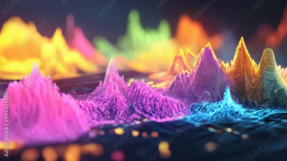 Poster a colorful digital landscape showcases intricate, glowing formations resembling topographic maps, il