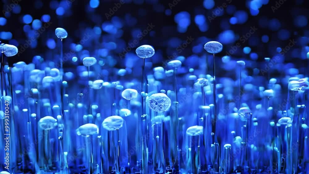 Poster abstract image of blue light droplets on thin stems, creating a futuristic and mesmerizing visual ef