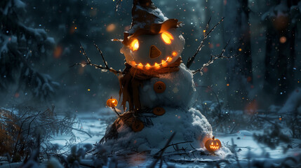 Fototapeta premium Snowman with a spooky Halloween face glowing in a dark winter forest