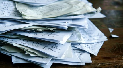 Stacked papers with handwritten notes scattered on a wooden surface. Writing and paperwork concept for design and print.