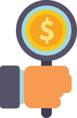 Businessman is holding a magnifying glass focusing on a dollar coin, perfect for illustrating finance and currency concepts