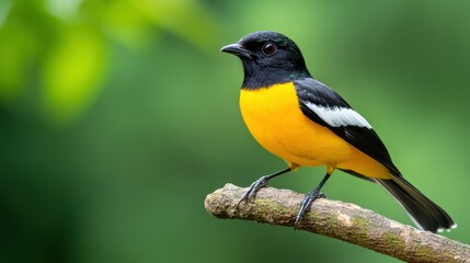 Obraz premium A stunning mustard yellow bird perched gracefully on a tree limb, surrounded by soft lighting and a serene backdrop.