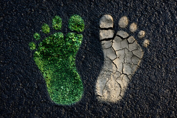 Environmental impact concept with green and cracked footprints, symbolizing carbon footprint, sustainable choices, climate change, and the contrast between eco-friendly and harmful practices

