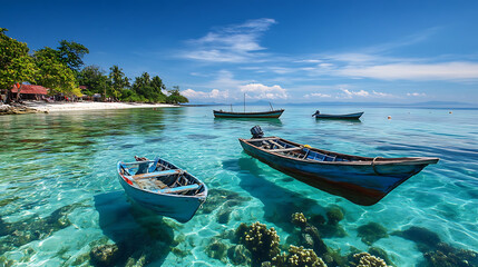 Fototapeta premium Small fishing boats floating on a crystal-clear sea, with coral reefs visible beneath the surface
