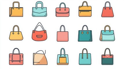 Bags thin line icon set. such as tote bag, shopping bag, handbag, backpack, paper bag, plastic bag, travel bag