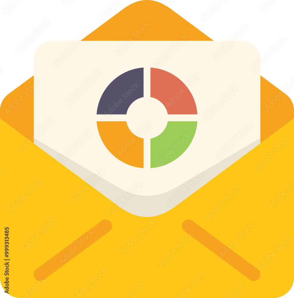 Aufkleber open yellow envelope containing a business report with a pie chart, illustrating sending business da