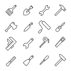 Construction tools flat line icons set. Hammer, screwdriver, saw, spanner, paintbrush vector illustrations. Outline signs for carpenter, builder equipment store.