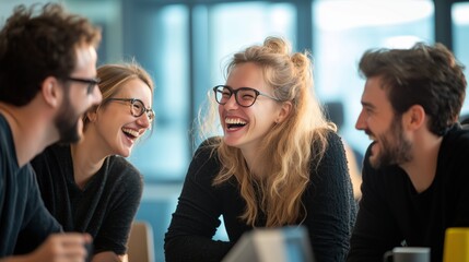 A group of seminar participants laughing together during a break, enjoying a lighthearted moment in a bright, modern seminar room. The studio lighting captures their happy expressions.