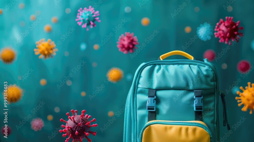 Poster and abstract image of vibrant surreal virus particles or germs in the background with a child s back