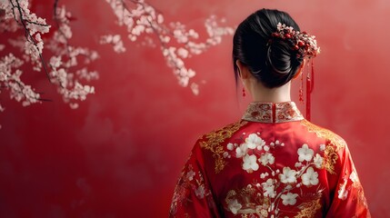 Fototapeta premium The girl in traditional Chinese dress, her outfit decorated with cherry blossom patterns, standing still with soft luster