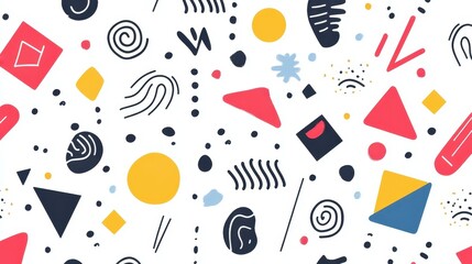 Discover a trendy seamless pattern filled with bold geometric shapes, swirls, arrows, and curves for a modern touch.