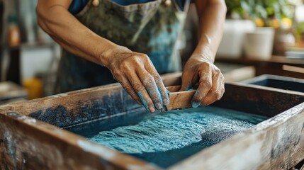 日本の伝統的な藍染め職人が作業中 - 版画やポスター用の職人技による織物工芸