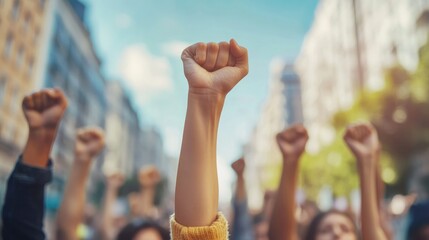 Close up of United Hands Raised in Solidarity at a Public Demonstration, Unity and Community Strength Concept