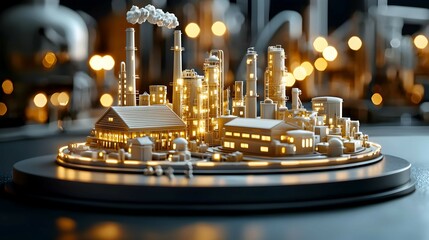 Obraz premium Illuminated Miniature Industrial Complex Model with Bokeh Lights
