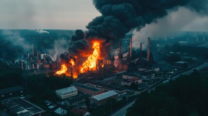Aerial view of a catastrophic industrial accident with a massive explosion and raging fire engulfing an urban cityscape