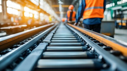 Industrial Railway Tracks  Metal Rails  Manufacturing Facility  Close up  Factory  Product