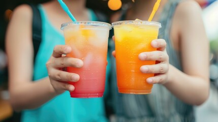 Hands holding colorful fruity street food drinks together for a refreshing date or in a vibrant blurred urban background Concept of summer romance and joyful lifestyle