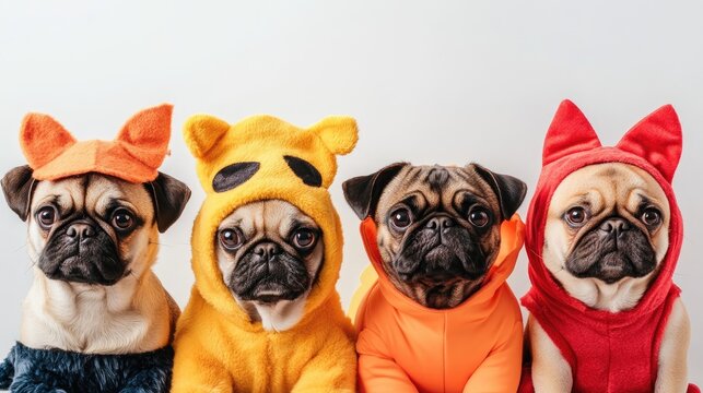 cute pugs in costumes waiting for treats on white background