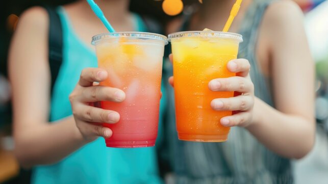 Hands holding colorful fruity street food drinks together for a refreshing date or in a vibrant blurred urban background  Concept of summer romance and joyful lifestyle