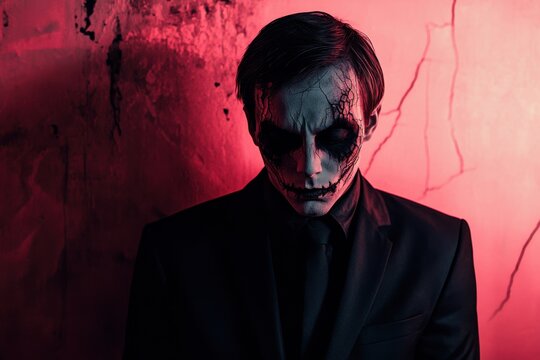 Portrait of a Caucasian man with cracked porcelain doll makeup, wearing a black vintage suit, copy space in the middle, in a faded pink and black studio background, Halloween theme, eerie  - Powered by Adobe