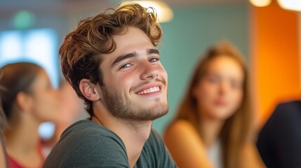 Obraz premium A seminar participant smiling as they ask a question, with other attendees listening attentively. The room is well-lit with studio lights, adding to the constructive environment.
