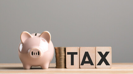 Saving coins in piggy bank next to tax blocks symbolizes financial planning