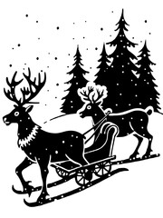 Silhouette of Reindeer Pulling a Sleigh in Snowy Winter Forest