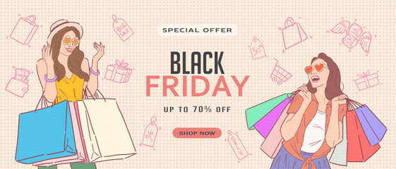 Black Friday sale promotion banner or flyer design with retro or pop art style illustration. Special offers Black Friday Sale up to 70 % off. Vector.