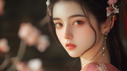 Fototapeta premium The girl standing naturally in a Han Dynasty outfit, her hair decorated with a single flower, subtle matte texture