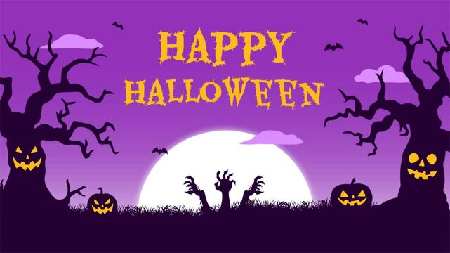 Hallloween animated with pumpkin, hand zombie, bats, tree, moon. And gradation purple background 