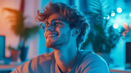 Cheerful man wearing glasses laughing while on a video call at his desk, surrounded by plants, blue and white tones in the office ambiance.