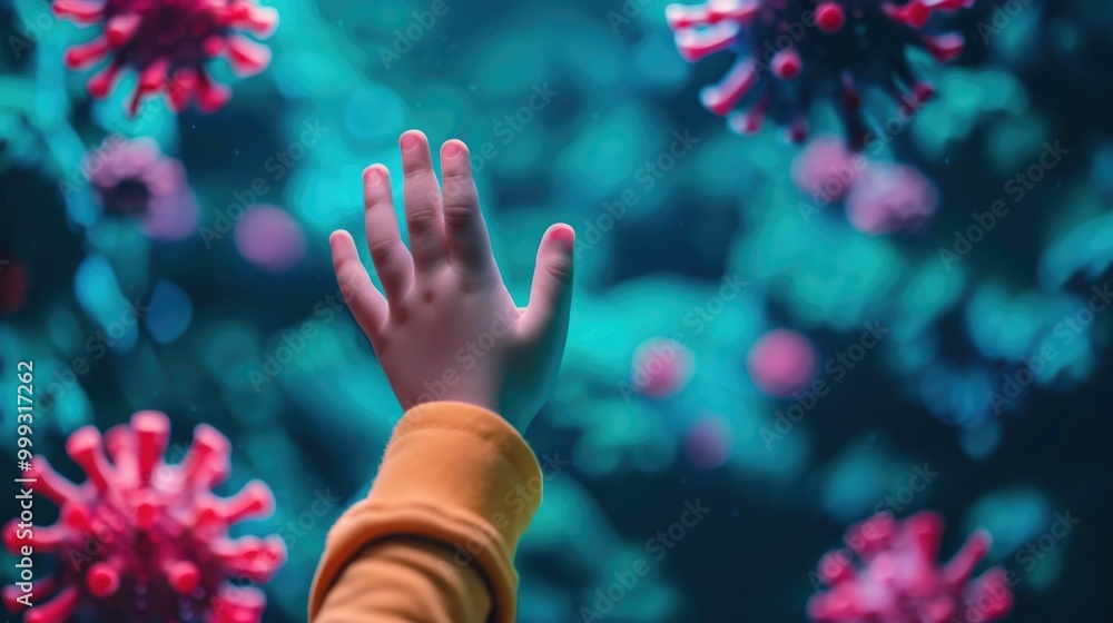 Poster close up image of a child s hand touching a contaminated surface revealing the presence of germs and