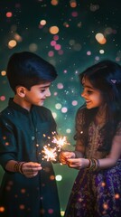 Portrait of a young Indian boy in a dark green kurta and a young Indian girl in a rich purple lehenga, holding hands with sparklers, with a green to purple gradient glowing bokeh backdrop, Indian