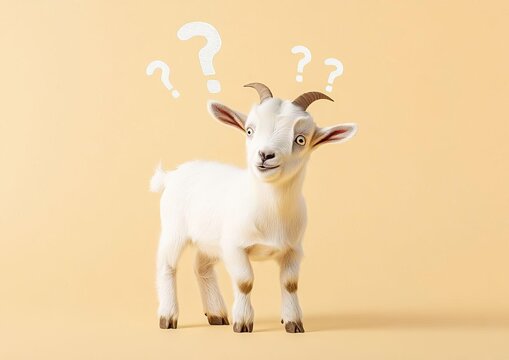 Confused Baby Goat on Wobbly Legs with Question Marks Isolated on a Blank Background