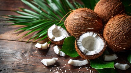 Fresh opened coconuts along with coconut slices, flakes and coconut leaves on a wooden table. Nice fruit background for your projects.