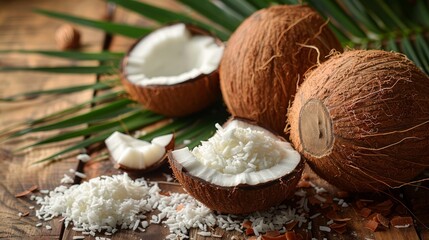 Fresh opened coconuts along with coconut slices, flakes and coconut leaves on a wooden table. Nice fruit background for your projects.