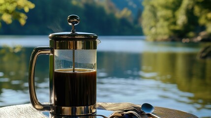 Cozy lakeside setting with a French press coffee maker and cup on a wooden table, comfortable chair with cushions