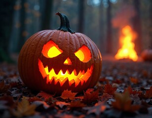 A scary spooky glowing carved Halloween pumpkin