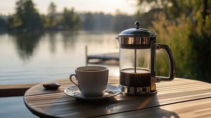Cozy lakeside setting with a French press coffee maker and cup on a wooden table, comfortable chair with cushions