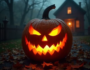 A scary spooky glowing carved Halloween pumpkin