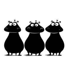 Obraz premium Cartoon hippos standing and swimming in black and white, three standing on land and three swimming, depicted in a playful black and white illustration style.