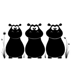 Obraz premium Cartoon hippos standing and swimming in black and white, three standing on land and three swimming, depicted in a playful black and white illustration style.