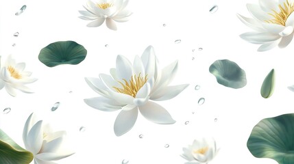 Flying water lilies, seamless looping white background