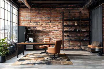 3D Render of a Modern Loft Office Interior with Industrial Design Elements and Stylish Decor